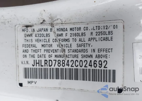 2002 Honda Cr-V Ex from USA, damaged, VIN JHLRD78842C024692